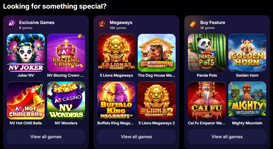 NV Casino spillbibliotek kategorier og utvalgte spilleautomater miniaturer
